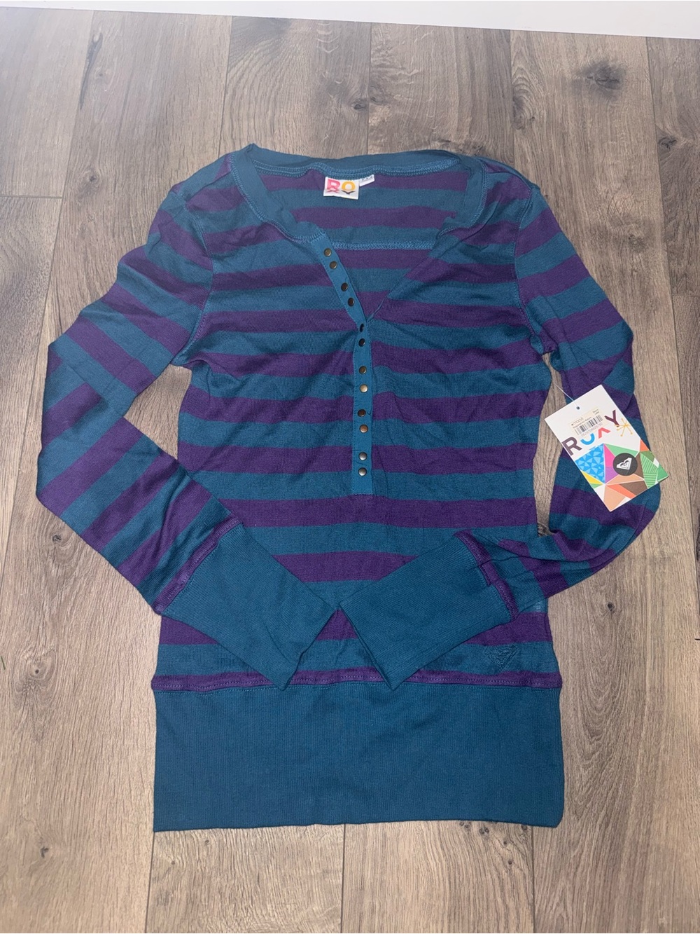 Roxy Teal and Purple Striped Long Sleeve Henley Top - Picture 7 of 12